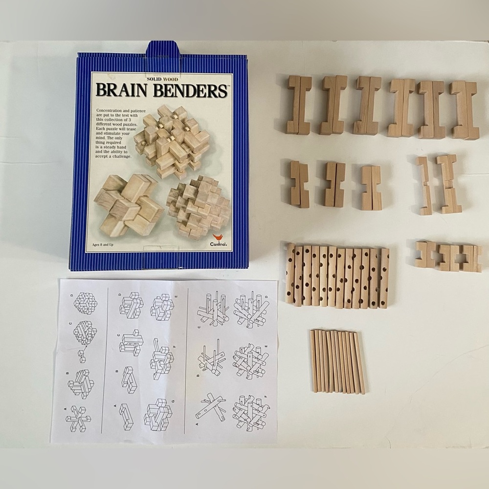 Brain Benders~3 Solid Wood Puzzles~by Cardinal~With Visual Instructions~Ages 8+